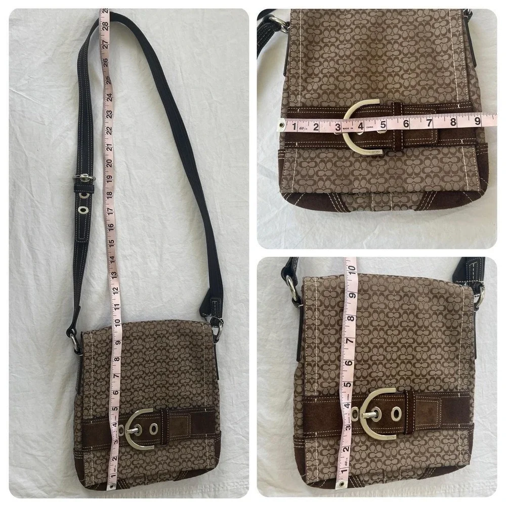 Y2K Coach monogram canvas suede buckle cross body bag brown tan G050-3644